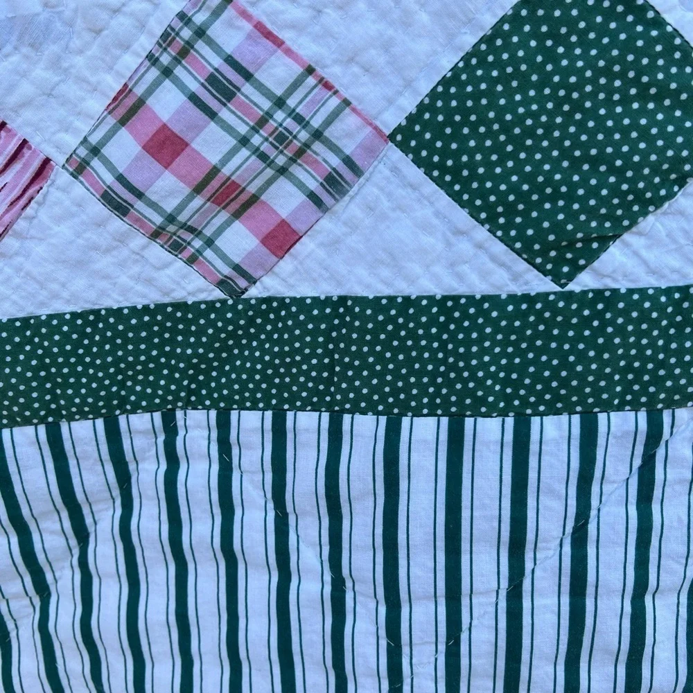 VTG Garden Block Quilt Floral Striped Reversible Hand Sewn Pink Green 82x84 FLAW